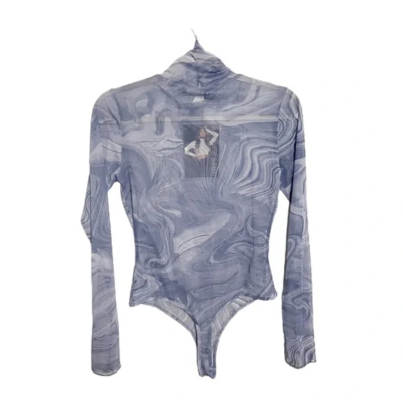 Naked Wardrobe Bodysuit Turtleneck Mesh Long Sleeve Denim Marble Size Small - Picture 2 of 3